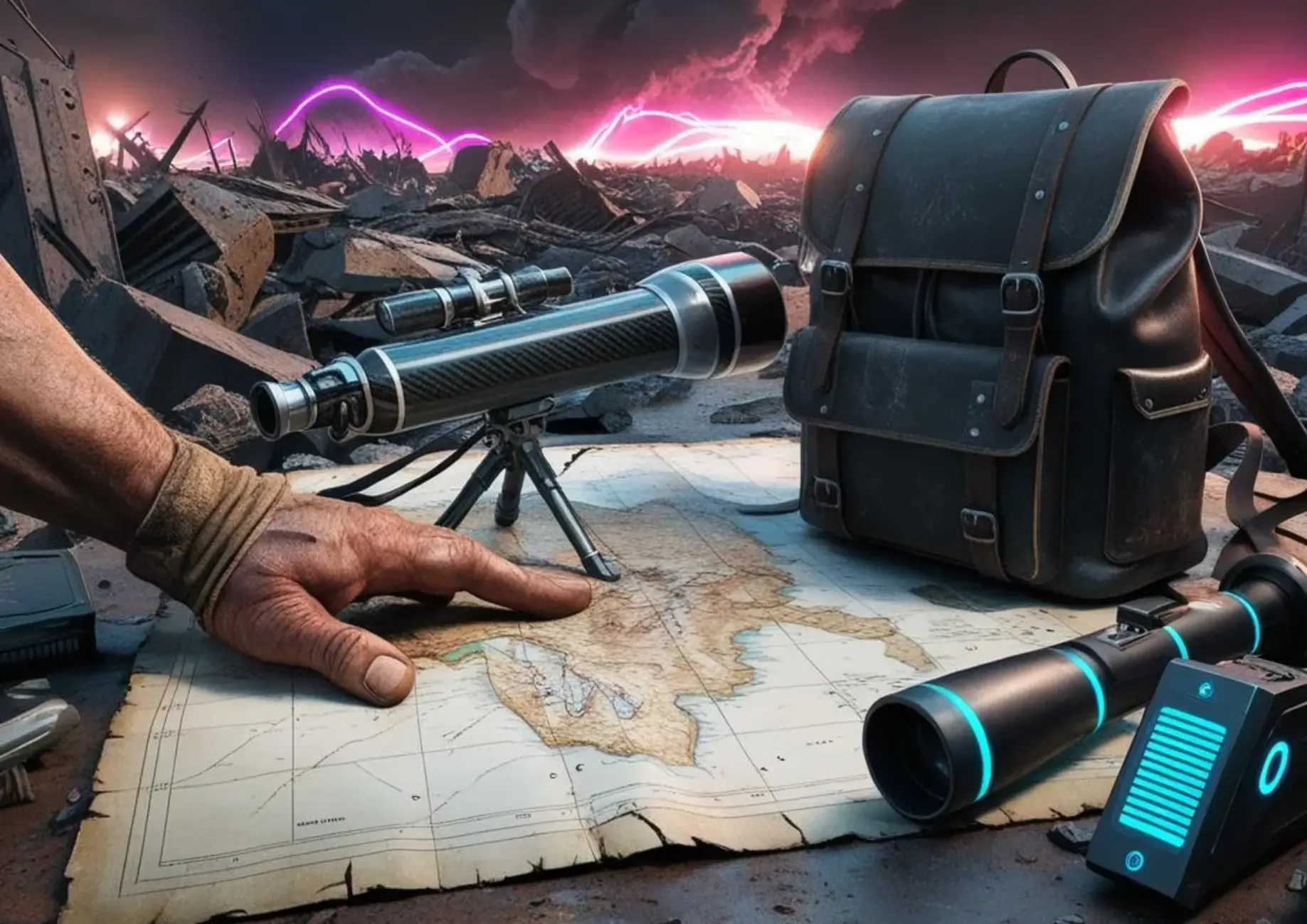 The image is of his hand pressing down on the map on a broken table